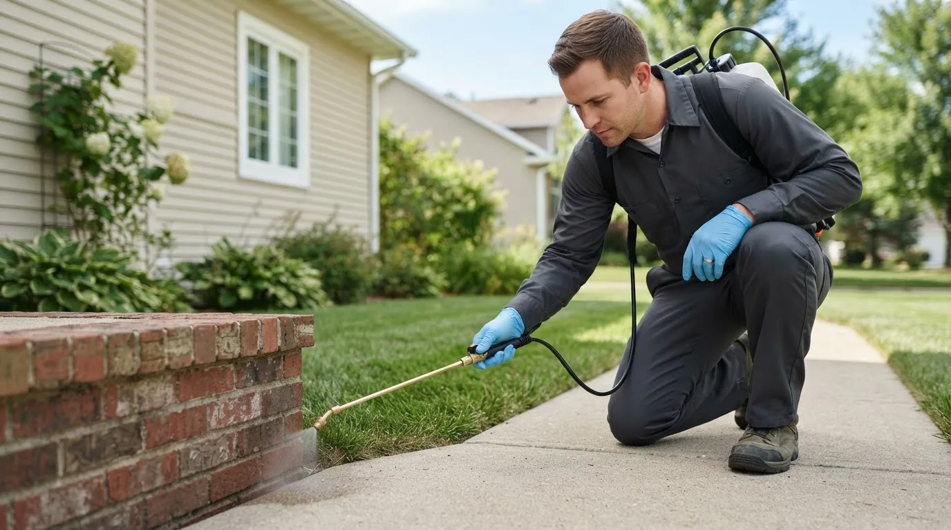 Pest control technician treating a home near Newville, AL
