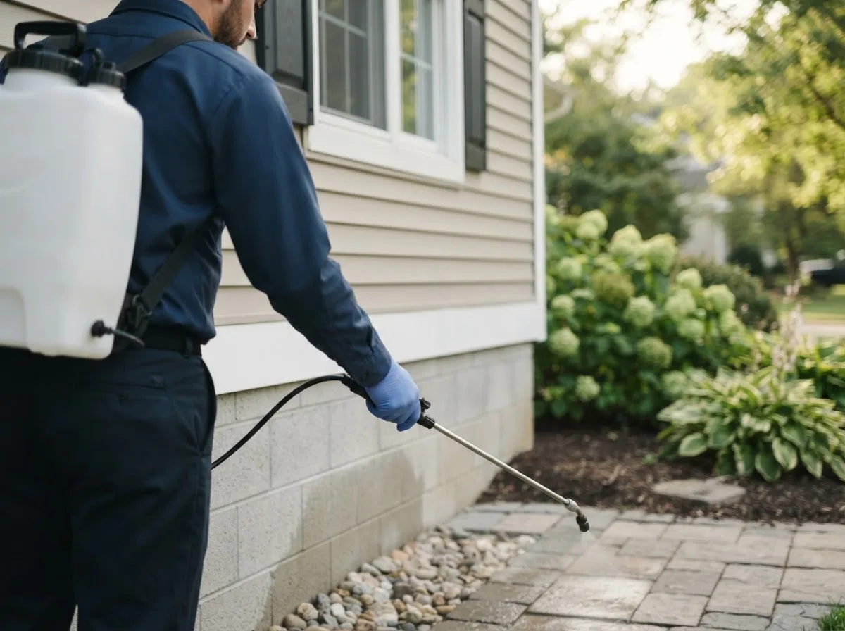 Pest control technician inspecting a home in Newville, AL